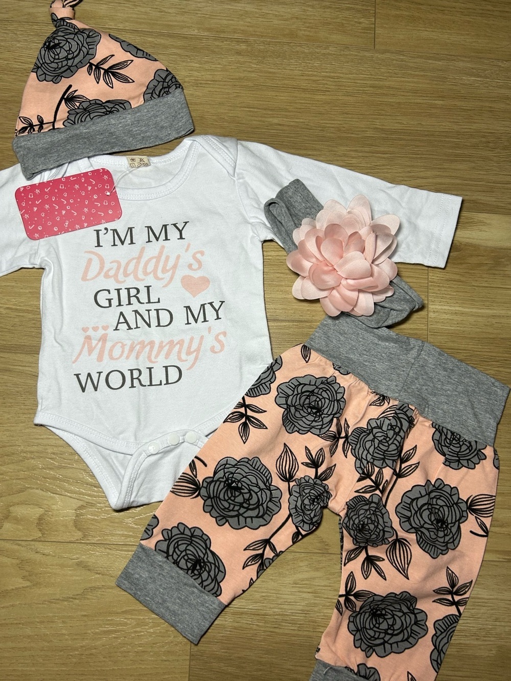Source Unknown Pink Peach Gray Floral Baby Matching Set